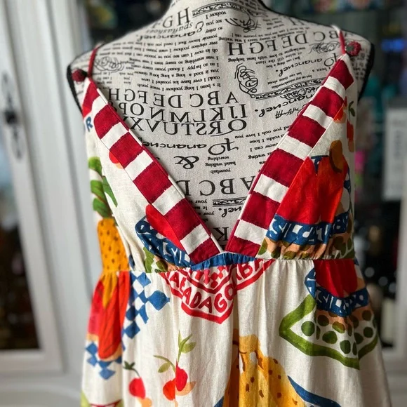 FARM Rio Mixed Picnic Tiered Maxi Dress with Fruit & Stripe Print M - Picture 2 of 11